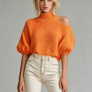 European And American Cross-border Amazon Half-high Collar Side-shoulder-exposed Autumn And Winter Knit Sweater, Batwing Sleeve, Loose-fitting, Short Women's Sweater