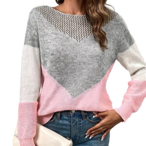 European And American Style Patchwork Color-Blocking Hollow-Out Knit Sweater Women's Base Shirt Amazon Best-Selling Fashion Round Neck Long-Sleeve Knit Top