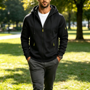 Europese maat herfst en winter heren functionele stijl jas met capuchon en rits met meerdere zakken, kleurblokkerende werkkledingstijl, fleece gevoerd