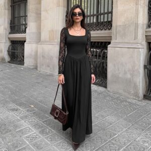 Gesplitste kanten lange jurk met lange mouwen voor dames, elegante temperament-taille-cinching jurk met gedraaide kraag