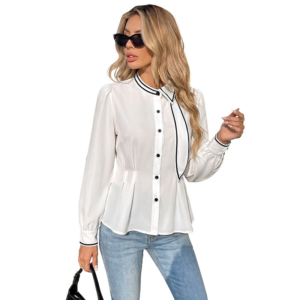 Herfst en winter Charmant Commuter Color-Block Hem Ruffled Collar Puff Sleeve Waist-Cinching Damesshirt