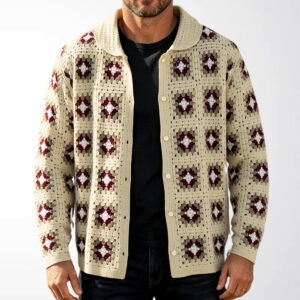 Hollow-out Plaid Long-sleeve Sweater Coat
