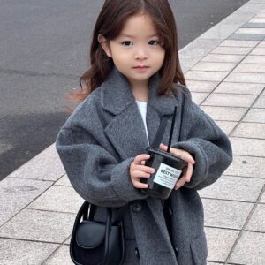 Korean-style Girls New Fallwinter Mid-length Gray Coat Fashionable And Thickened Outerwear For Children