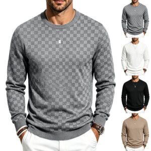 Lente en herfst geruite jacquard gebreide trui met ronde hals en lange mouwen voor heren met reliëfpatroon Casual pullover top