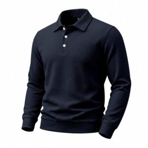 Lente en herfst wafel gebreide polo met lange mouwen, getextureerde omslagkraag, losse casual trui voor heren