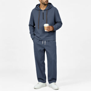 Lente,herfst Linnen herenset met capuchon, halve rits, sweatshirt met lange mouwen en tweedelige broek met trekkoord