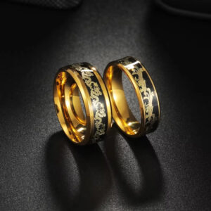 New Titanium Steel Wide Band Ring, Black Gold Inlaid Gold & Silver Foil, Luxury Unique Couple Ring For Men Trendy Jewelry