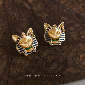 Originele Vintage-Style Egyptische Kat Head Pharaoh Verzilverd Naald Oorbellen Met 14K Emaille Drip Glaze Schilderen, Fabriek-Gemaakte Oorbellen Voor Vrouwen