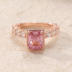 Rose Rectangle Crystal Ring Gold Tone Brass Women Elegant Wedding Party Fashion Jewelry Sparkling Statement