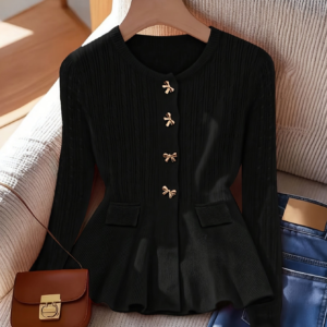 Round-neck Knitted Waist-cinching Cable-knit Coat With A Bow