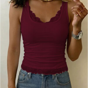 Solid-color Lace-trimmed Tank Top For Women
