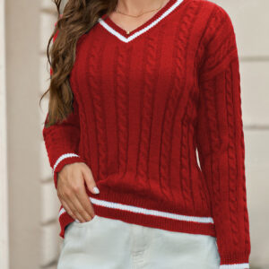 Spring And Autumn Temperament V-neck Pullover White Edge Long Sleeve Sweater Cross-border Foreign Trade Women's Twist Thread All-match Knitted Top