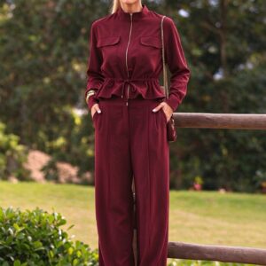 Stand-collar Long-sleeve Zip-up Top And Pants For Women