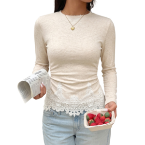 Stijl Rits met lange mouwen Slim-fit kanten T-shirt met lange mouwen voor dames