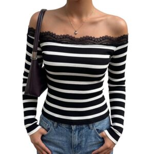 TikTok Herfst en Winter Nieuw Stijlvol Lace Gestreept Slim-fit T-shirt met lange mouwen voor dames