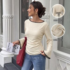 Top met lange mouwen Nieuw herfst- en wintershirt met stropdas aan de achterkant, boothals en taille voor dames
