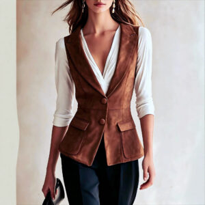 V Neck Double Breasted Vest Top, Suede Sleeveless Waistcoat For Women, Elegant Commuter Style