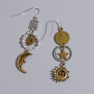 Vintage Asymmetrical Celestial Sun Moon Star Drop Earrings Two Tone Brass Women Artistic Fashion Jewelry