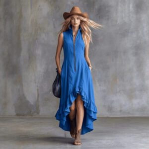 Vintage Casual Lapel Zipper Ruffled Flared Maxi Dress For Women