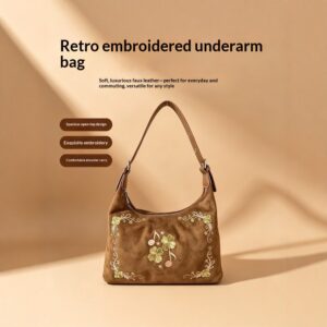 Vintage Suede-velvet Embroidered Underarm Bag For Women
