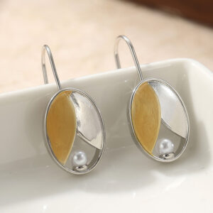 Vintage Two Tone Leaf Pearl Drop Earrings Silver Tone Brass Women Artistic Fashion Jewelry Elegant