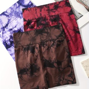 Women 3 Pack Tie Dye Seamless Biker Shorts High Waist Butt Lifting Ruched Back Workout Shorts Stretchy Athletic Yoga Shorts For Gym Running Fitness