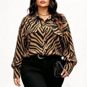 Women Abstract Print Long Sleeve Button Down Woven Shirt