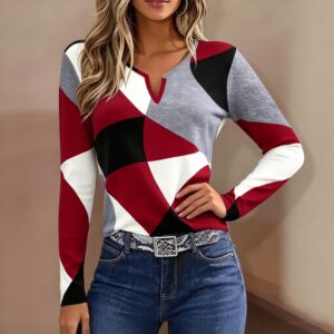 Women Geometric Color Block V Neck Long Sleeve Knit Top