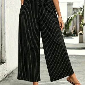 Women Striped Drawstring Elastic Waist Knit Wide Leg Pants Casual Trousers